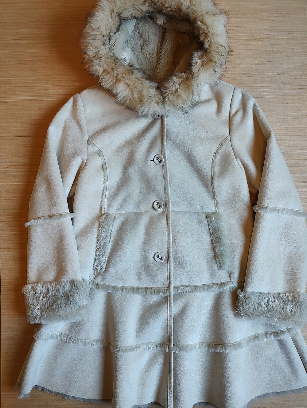 J Crew Suede Fur Coat Jacket Buttons Off White Cream Pockets Hooded Hood 00 NWT